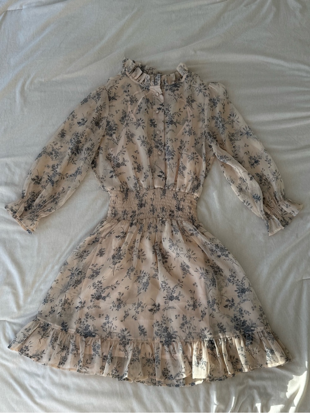 Maje Cream Dress with Blue Floral Print - Smocked Waist & Ruffle Trim